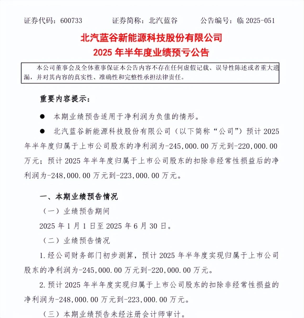北汽蓝谷（600733）：2025年上半年预计持续亏损