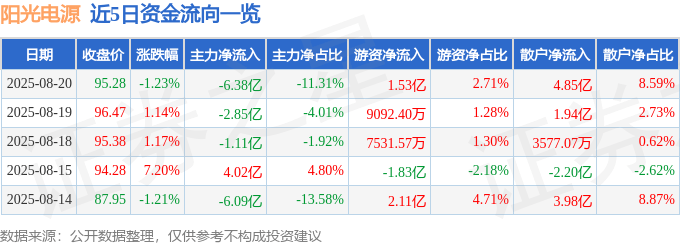 股票行情快报：阳光电源（300274）8月20日主力资金净卖出6.38亿元
