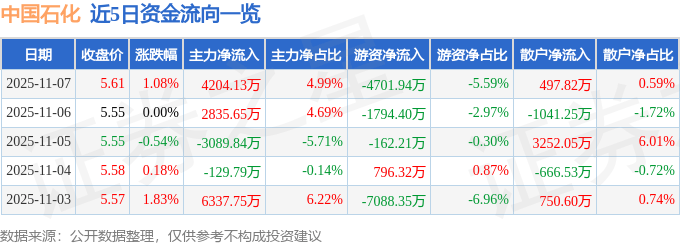 股票行情快报：中国石化（600028）11月7日主力资金净买入4204.13万元