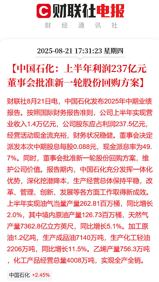 中国石化上半年利润237亿